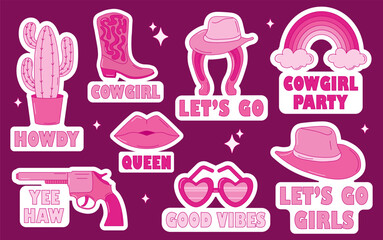 Retro pink cowgirl  stickers set. Set of wild west stickers in pink color. Retro pink hat, flower, heart, revolver, glasses, horseshoe, guitar, lips, rainbow, bow, boots
