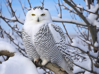 A majestic snowy owl gracefully sitting on a frost-covered branch in a wintry landscape.
