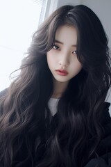Naklejka premium Ulzzang girl with long dark hair posing indoors