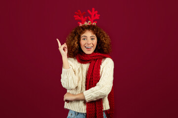 Cheerful teen lady with deer antlers festive spirit of Christmas and New Year