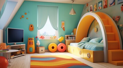 Play in a children's room with creative storage and vibrant colors.