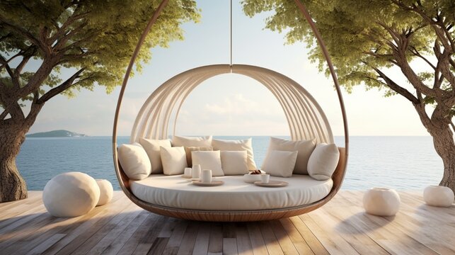 Picture this: an outdoor relaxation zone with suspended daybeds gently swaying in the breeze.