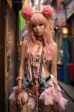 Fashion-forward Japanese gyaru exploring urban street in vibrant attire