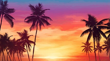 Fototapeta na wymiar a painting of a sunset with palm trees in the foreground. generative ai