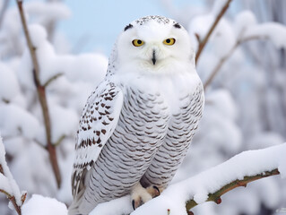 A majestic snowy owl perched on a wintry branch, surrounded by snow-covered scenery.