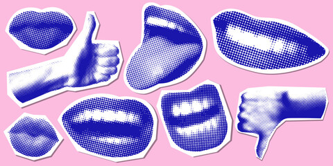 Set of retro halftone parts of body. Paper cutout with lips, hands. Y2K style. Vintage newspaper parts. Torn paper. Halftone collage. Smiling, kissing lips. Tongue stuck out. Like, dislike gesture - obrazy, fototapety, plakaty