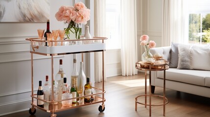 Raise the bar with a white lacquered bar cart, adorned with rose gold accents and glass shelves for a touch of sophistication. - obrazy, fototapety, plakaty