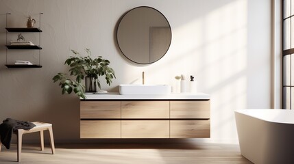Refresh in a bathroom with a floating vanity and wall-mounted mirror.
