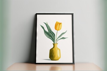 a yellow vase with a single yellow flower in it on a shelf next to a wall mounted picture of a single yellow flower. Generative ai