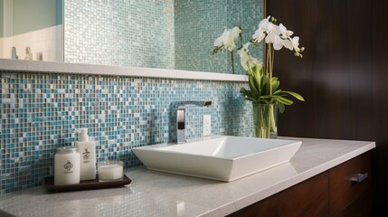 Refresh in a bathroom with a mosaic accent wall and contemporary fixtures.