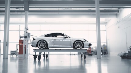 Car raised on car lift in autoservice.