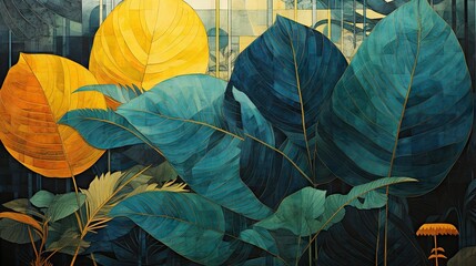  a painting of a green and yellow leafy plant with a building in the background.  generative ai