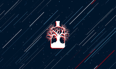 Large white mystical tree in bottle symbol framed in red in the center. The effect of flying through the stars. Vector illustration on a dark blue background with stars and slanted lines