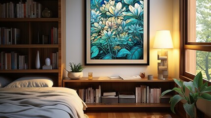  a bedroom with a bed and a painting on the wall.  generative ai