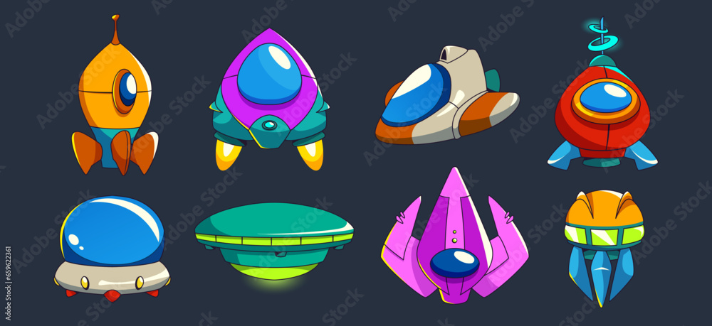 Wall mural spaceship and alien ufo ui game vector cartoon set. fantasy galaxy icon and cosmic spacecraft object