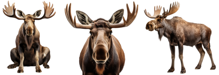 moose collection (portrait, standing, sitting), animal bundle isolated on a white background as transparent PNG