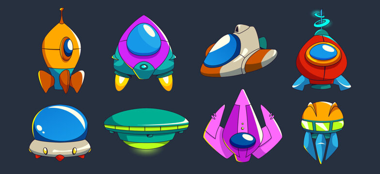 Spaceship and alien ufo ui game vector cartoon set. Fantasy galaxy icon and cosmic spacecraft object illustration. Isolated different jet and shuttle item pack for futuristic adventure interface