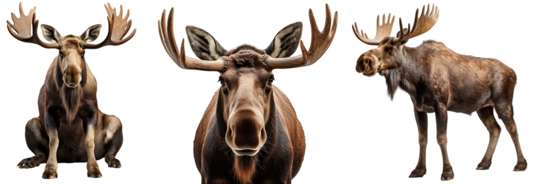 moose collection (portrait, standing, sitting), animal bundle isolated on a white background as transparent PNG