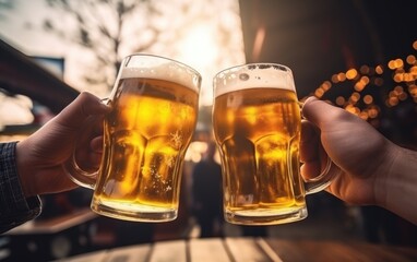 Two hands holding beer mugs and toasting - obrazy, fototapety, plakaty