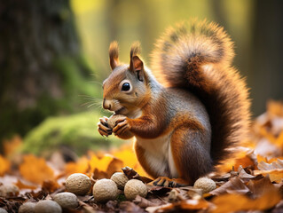 A squirrel gracefully indulging in an acorn with a vintage-style touch, captured in raw format.