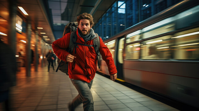 The man is late for the train.