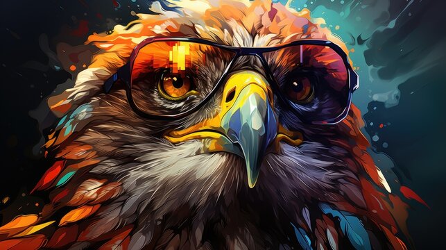 The digital painting depicts an eagle wearing dark glasses. Depiction of a wild bird in artistic style and large strokes. Illustration for cover, card, postcard, interior design, decor or print.