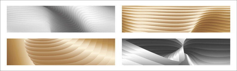 Wavy silver and gold parallel gradient lines, ribbons, silk. Set of 4 backgrounds. Black and white with shades of gray or golden silk. Banner, poster. eps vector