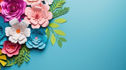 top view of colorful paper cut flowers with green leaves on blue background with copy space  - obrazy, fototapety, plakaty