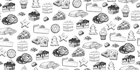 Seamless pattern with desserts. Hand drawn cake, cheesecake, tiramisu, gingerbread, donuts, apple pie, stollen, cupcake, chocolate. Sketch style background with sweets isolated on white background - obrazy, fototapety, plakaty