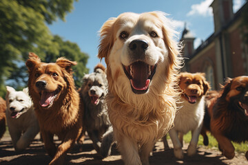 a pack of funny dogs frontal for the camera