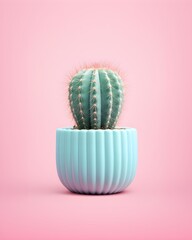 Green cactus in decor pot on pastel pink background with copy space. 