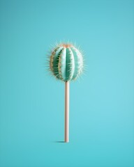 The fiction of cactus as a lollipop on turquoise background. Creative modern concept. Abstract aesthetic design. 