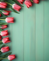 Beautiful composition of pink and red tulips on green mint background with copy space in flat lay style. Valentine's Day, Easter, Birthday, Happy Women's Day, Mother's.