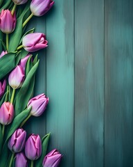 Beautiful composition of tulips on green mint background with copy space in flat lay style. Valentine's Day, Easter, Birthday, Happy Women's Day, Mother's.