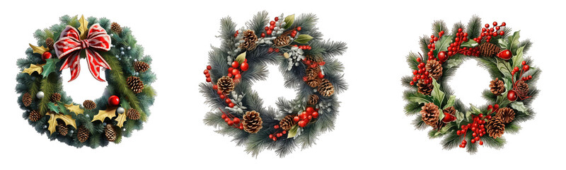 Fototapeta na wymiar Christmas tree wreath and cones. Christmas decorations collection Generative Ai