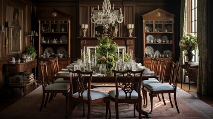 Fototapeta na wymiar Step back in time in a traditional dining room with a grand extendable table, ready to host family gatherings.