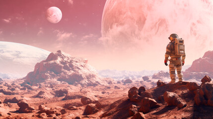 Astronaut standing on the moon looking towards a distant land - obrazy, fototapety, plakaty