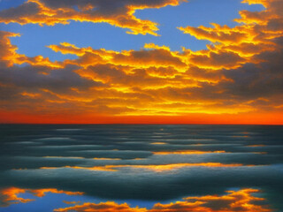 Naklejka na ściany i meble Beautiful sunset sky above clouds with dramatic light. Yellow, orange, red clouds above the horizon. Beautiful evening sky landscape. Sunset over the sea. Generated by artificial intelligence.