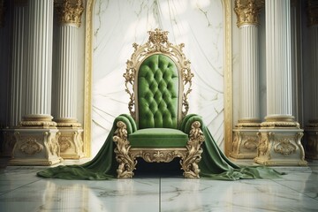 Luxurious throne decorated with green fabric, situated on wooden floor and backed by a white marble wall. Generative AI