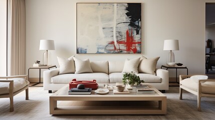 Fototapeta na wymiar Step into a contemporary living room, where abstract art adorns the walls, and clean lines define the space with a modern flair.
