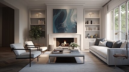 Step into a contemporary living room, where abstract art adorns the walls, and clean lines define the space with a modern flair.