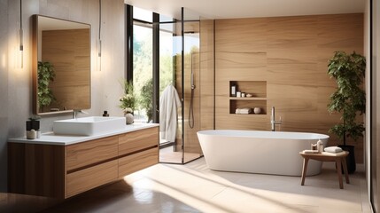 Fototapeta na wymiar Step into a designer bathroom featuring a mix of natural wood and elegant finishes.