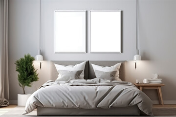 modern bedroom with white pictures