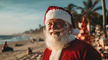 Santa Claus is relaxing on the beach.