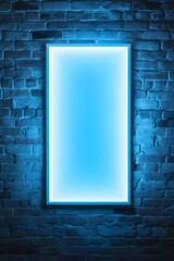 Neon blue brick wall with light frame. 