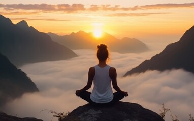 Woman sitting yoga pose on a rock at sunrise in the morning