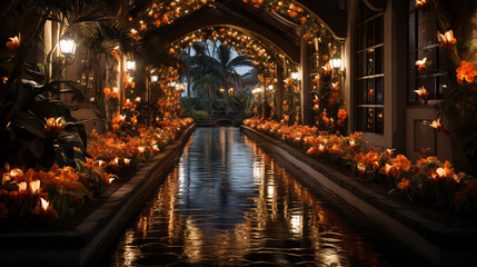 Fototapeta na wymiar Resort Style River with Christmas Lights and Plants 