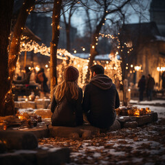 Fototapeta premium Young Couple Sitting Together looking at Christmas Lights 
