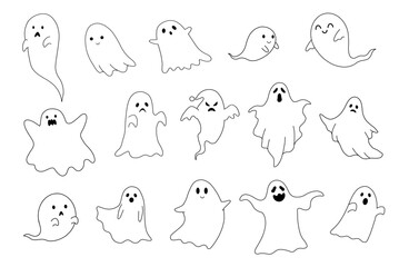 Vector Set of Halloween Ghosts Line Art, Evil Spirits Illustration, Hand drawn, Cute Ghosts, Kawaii Ghosts, Cartoon Ghost Bundle