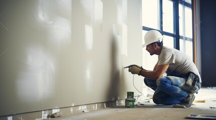 building, profession and people concept - close up of male builder sanding wall indoors - obrazy, fototapety, plakaty